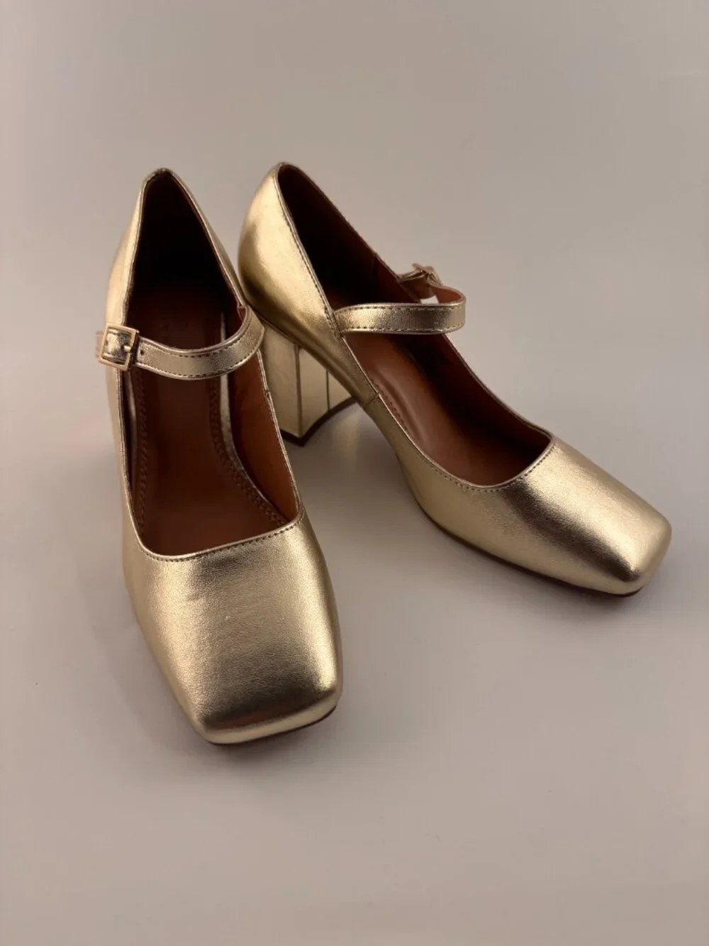 ASOS DESIGN Gold Metallic Mary Jane Block Heels Square Toe Buckle Pumps 7